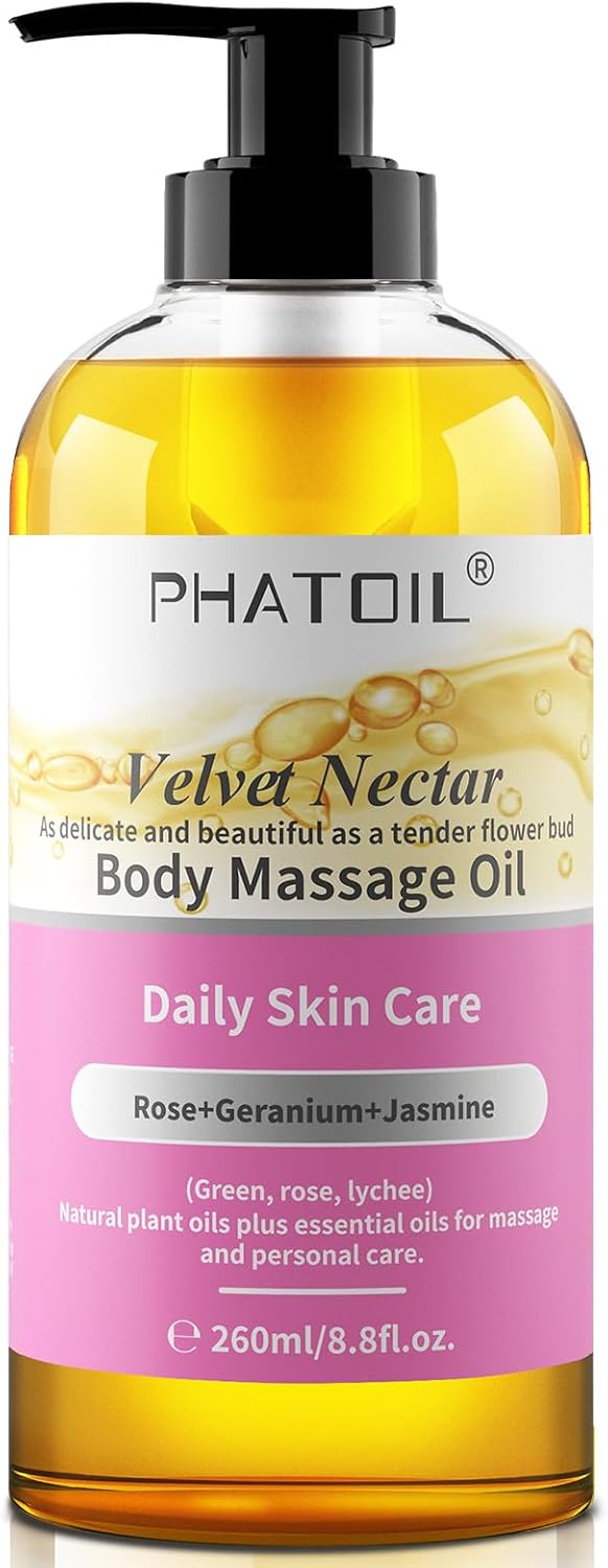 PHATOIL Rose Body Oil, Velvet Nectar Body Massage Oil 260 ml (8.8 fl.oz), Blends of Natural Plant Oils & Essential Oils for Massage and Skin Care, Body Oils for Women and Men