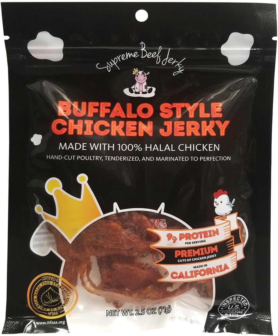 Supreme Beef Jerky, Halal Chicken Jerky, Zabiha Halal Certified Jerky, Handcrafted Gourmet Meat Snacks, 2.5 oz Buffalo Style Chicken, 2.5 Ounce, Pack of 1
