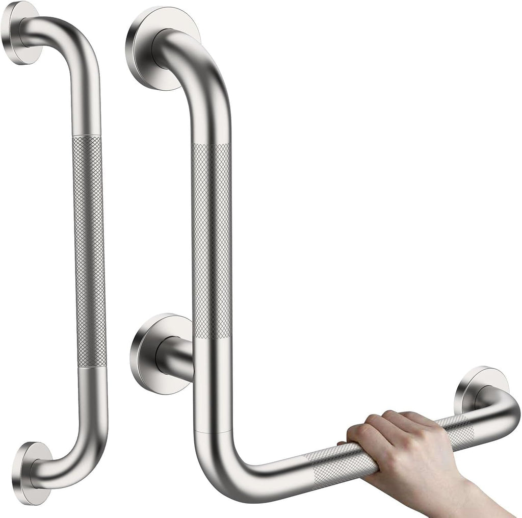 L-Shaped Angled Shower Grab Bar w/Straight Bathroom Safety Handrail 16 Inch, iHansee Brushed Nickel Knurled Handicap Grab Bar Wall Mounted, Anti Slip Toilet Bathtub Balance Support Bar for Elderly