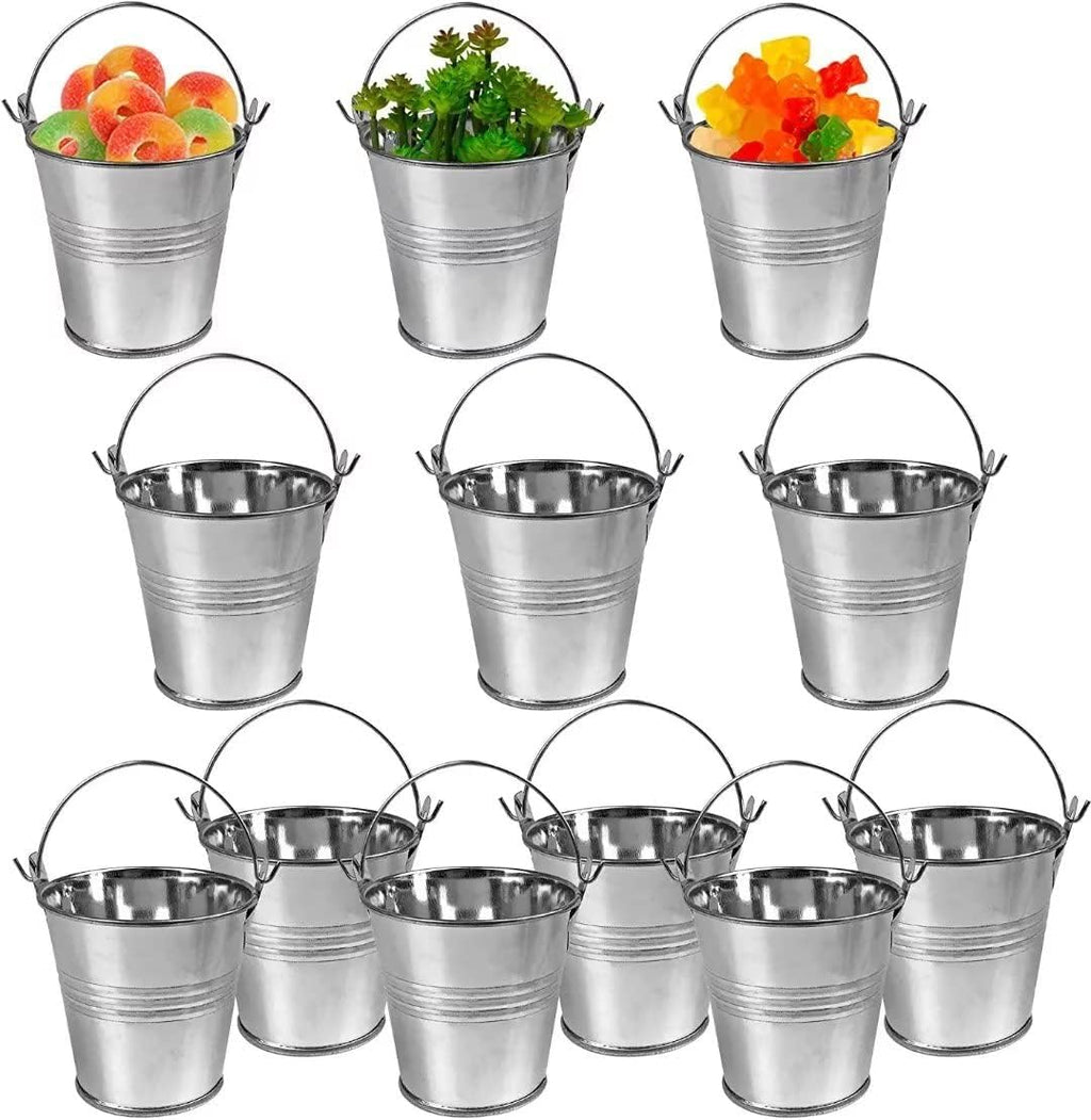 12 Pack Mini Metal Buckets Small Metal Pail Tinplate Tin Pails Containers with Handles for Party Favors and Garden Decorations (Silver)