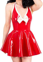 Red with White Sexy Halter Latex Dress Bows Without Zipper Rubber Bodycon Playsuit,Red with White,L