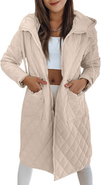Imily Bela Womens Long Quilted Puffer Jacket Lightweight Zip Up Hooded Drawstring Winter Coats Outerwear with Pockets