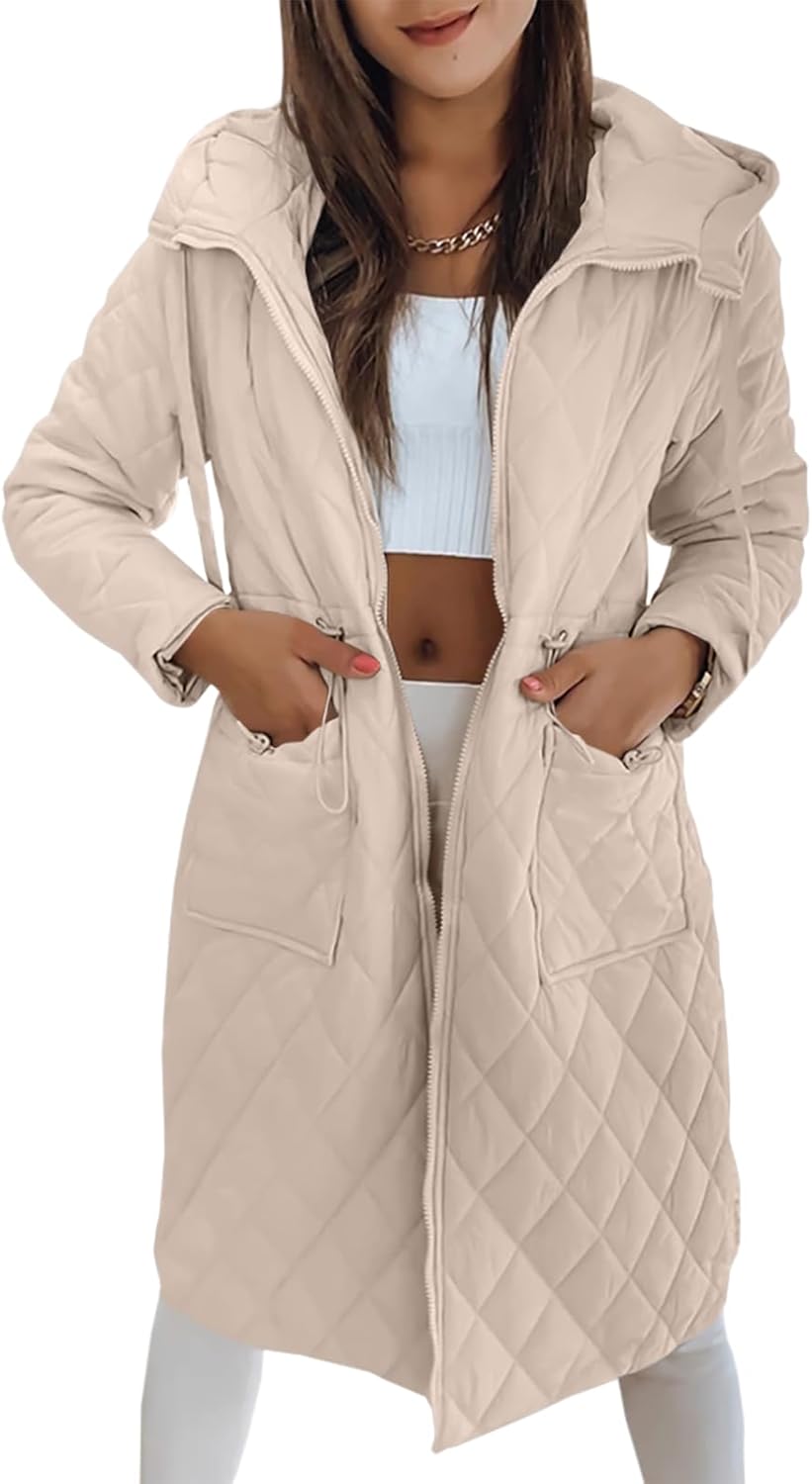 Imily Bela Womens Long Quilted Puffer Jacket Lightweight Zip Up Hooded Drawstring Winter Coats Outerwear with Pockets