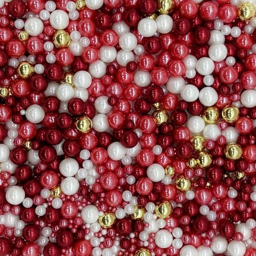 Edible Red Series & Gold & White Sugar Pearls Sprinkles Candy Mix Size Pearls Cake Decorations Cupcake Toppers Decorating Perfect for Wedding Party Valentine Supplies 4.58OZ