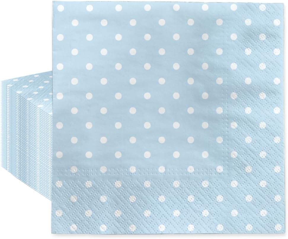 PAW - Luncheon Baby Blue Napkins 6,5'' x 6,5'', Disposable Paper Napkins with White Dots, Lunch Napkins for Baby Shower, Gender Reveal, Bridal Party, Decoupage, Tableware Party Supplies, 50 Count