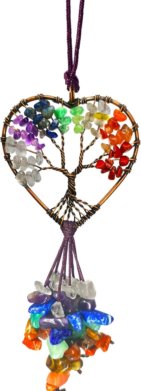 Handmade Cute Boho Tree of Life Chakra Stones Car Mirror Hanging Accessories for Women and Men,7 Chakras Healing Crystal Car Rear View Mirror Hanging Charm and Wall Door Windows Decor