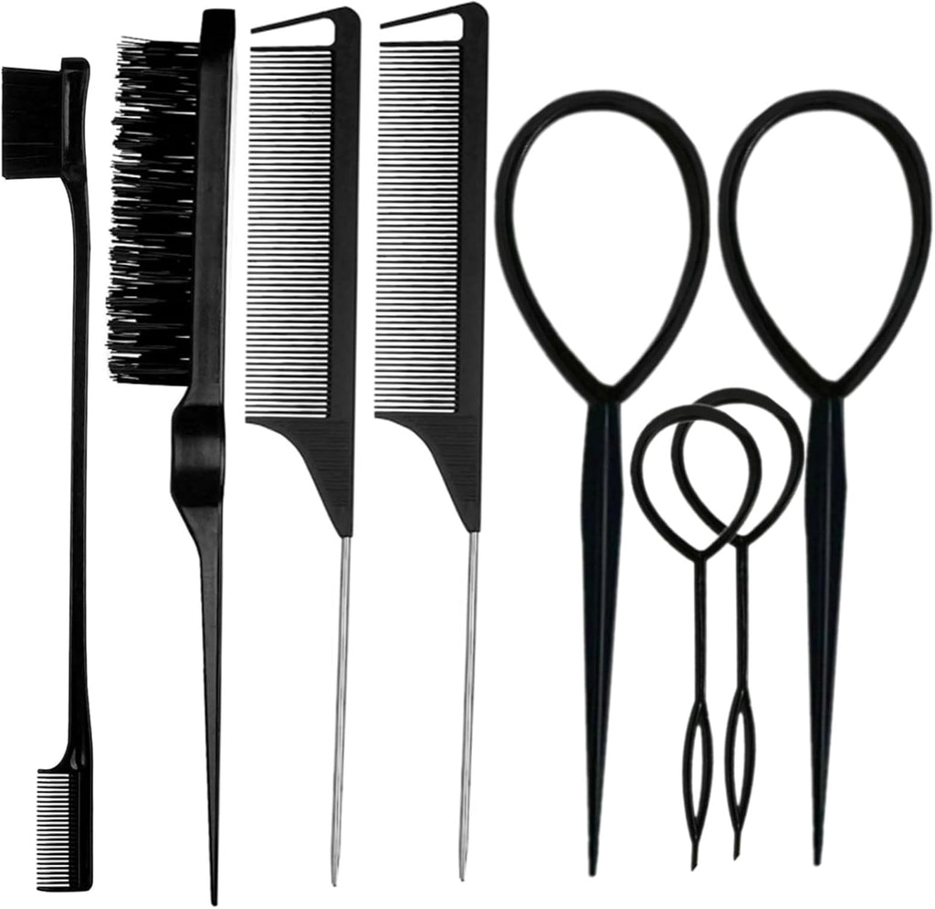 ZVOREI 8Pcs Black Hair Brushes Set with 4Pcs Topsy Tail Tools, Teasing Bristle Brush, Edge Control Brush, and 2Pcs Metal Pin Rat Tail Combs for Women's Hair Styling and Brushing