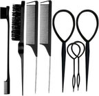 ZVOREI 8Pcs Black Hair Brushes Set with 4Pcs Topsy Tail Tools, Teasing Bristle Brush, Edge Control Brush, and 2Pcs Metal Pin Rat Tail Combs for Women's Hair Styling and Brushing