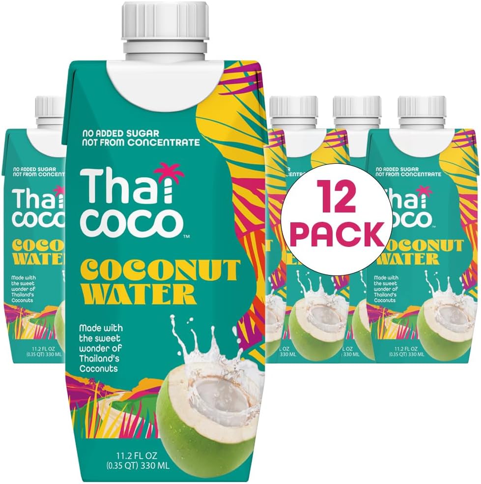 Thai Coco Organic Coconut Water, 100% Pure & Unsweetened, No Sugar Added, USDA Organic, Natural Electrolytes Hydration Drink, 11.2 fl oz Tetra Carton (Pack of 12)
