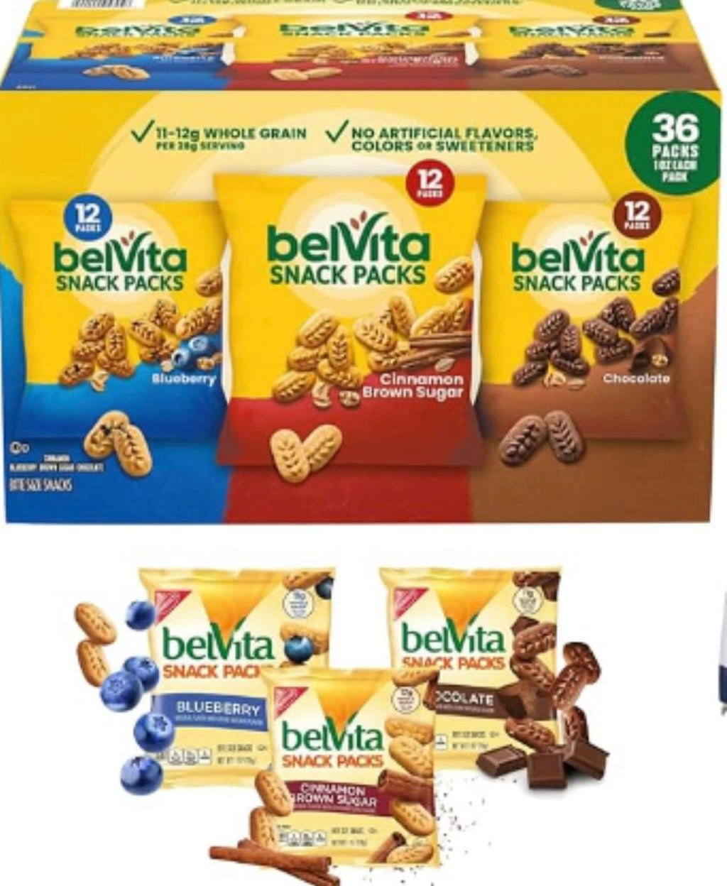 Express Minds llc - BelVita Breakfast Biscuits Variety Packs | 3 Natural Flavors - 12 Chocolate belVita Snack Packs, 12 Cinnamon Brown Snack Packs, and 12 Blueberry Snack Packs