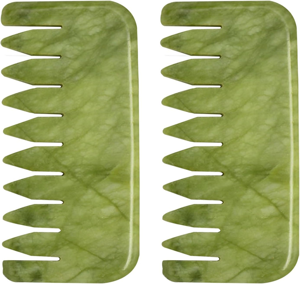 gemshan Jade Gua Sha Comb, 2pcs Green Jade Massage Comb Tool for Head Caring, Relax Head Scalp Deep Tissue Point Massager Scraping Therapy Tool