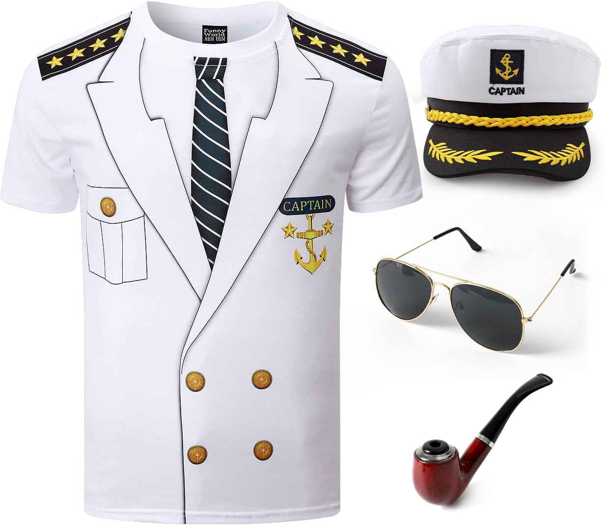 Funny World Men's Captain T-Shirt Graphic Short Sleeve Yacht Party Costume