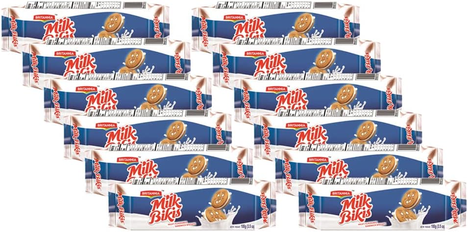 Britannia Milk Bikis Cookies 3.52oz (100g) - Cream Sandwiched Crispy Cookies - Kids Favorite Breakfast & Tea Time Snacks (Pack of 12)