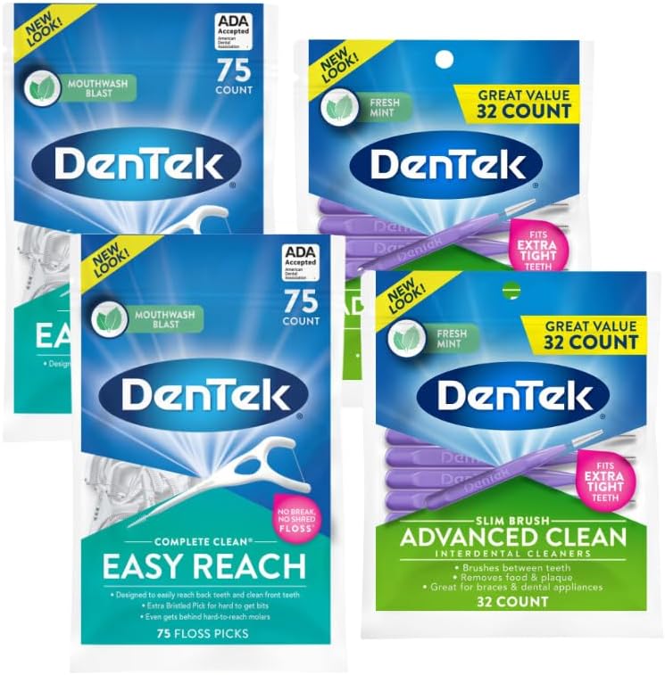DenTek Complete Clean, Variety Pack, Fresh Mint Angles Floss Picks (75ct), & Interdental Cleansers (32ct) (2 of Each)
