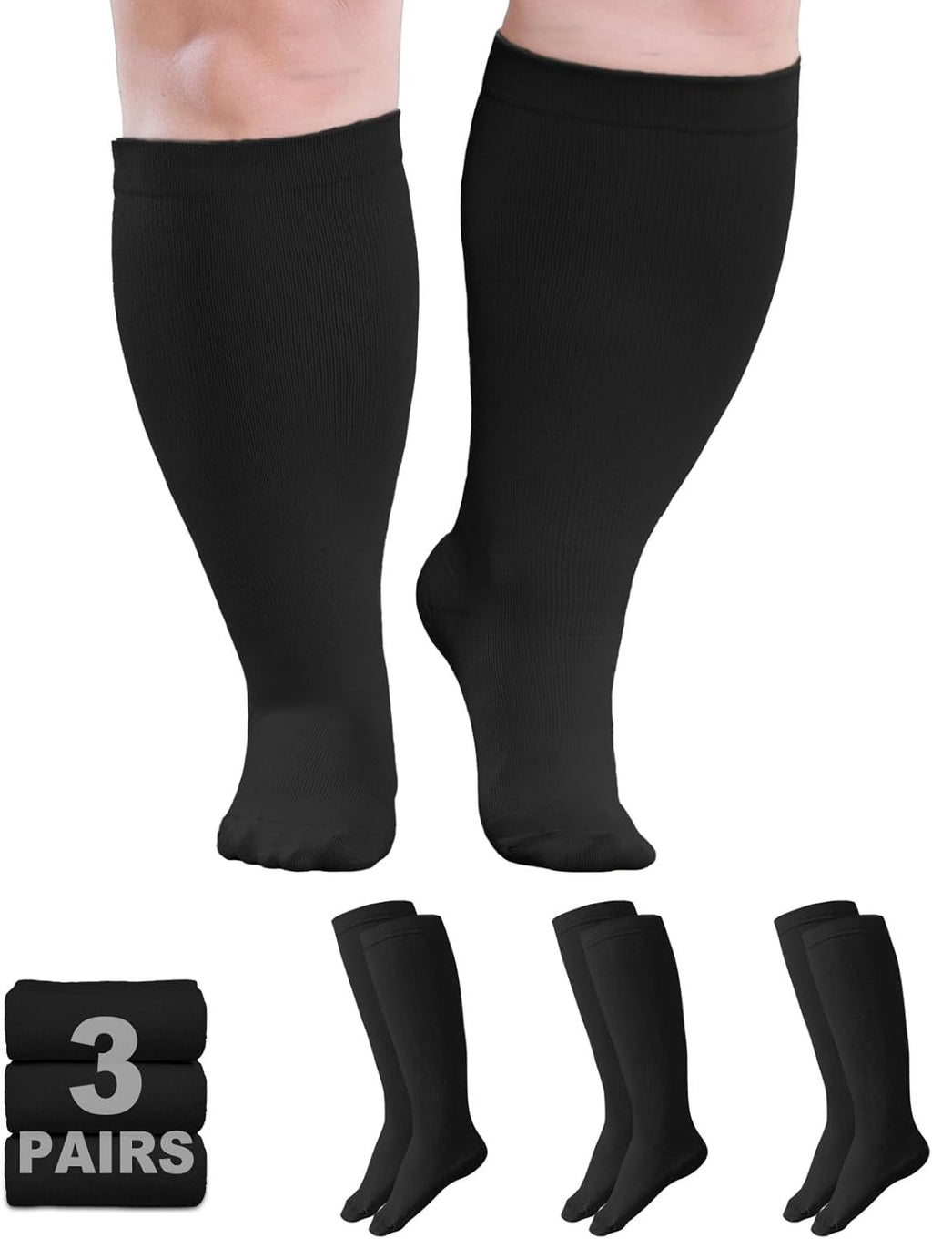 Plus Size Compression Socks 20-30mmHg Wide Calf for Men Women, Extra Large Compression Stockings Support for Running, Travel, Nurses, Pregnancy (3 Pairs)