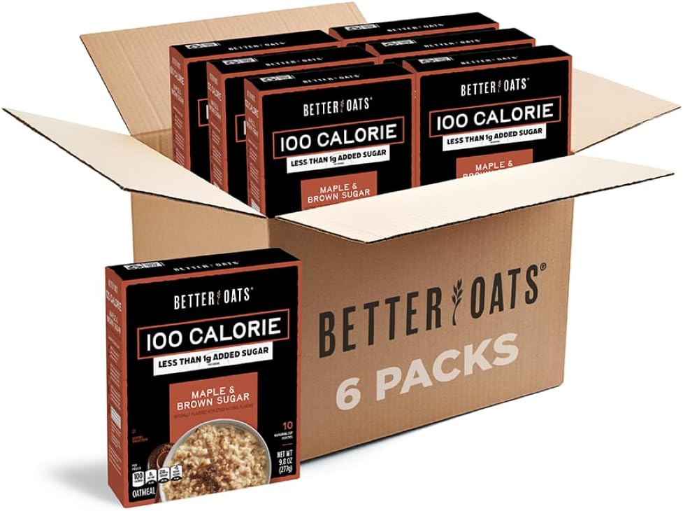 Better Oats 100 Calorie Maple & Brown Sugar Oatmeal Packets, Whole Grain with Flax Seeds and Rolled Grains, Cooks in 90 Seconds, Box of 10 Pouches (Pack of 6)
