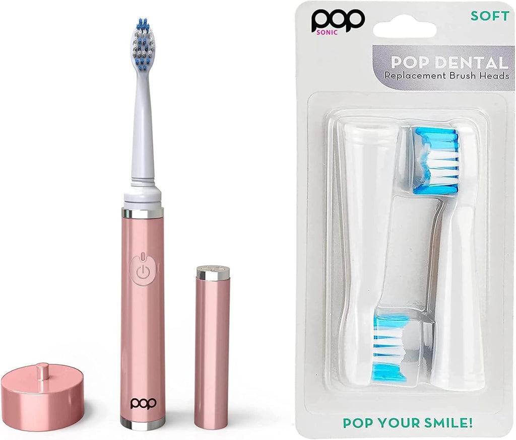 Pop Sonic The Ultimate Pro Toothbrush (Rose Gold) Bonus 2 Pack Replacement Head | Rechargeable Toothbrush w/Up to 40,000 Brush Strokes/Minute