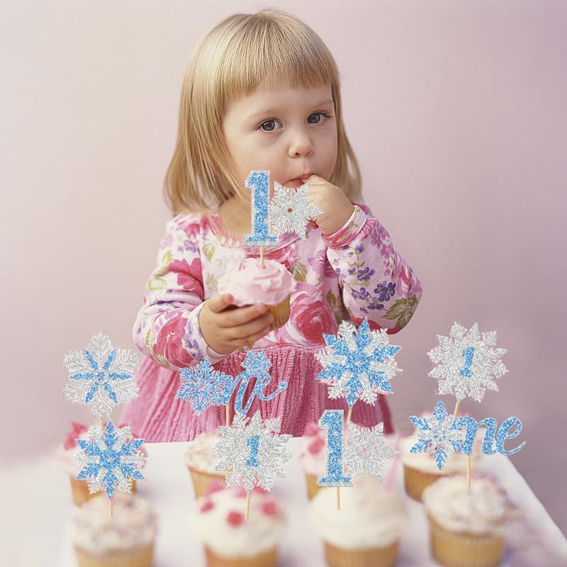 24Pcs Snowflake One Cupcake Toppers Blue Glitter Winter Snowflake 1st Birthday Cupcake Picks First Birthday Snowflake Cake Decorations for Winter Wonderland Baby Shower 1st Birthday Party Supplies
