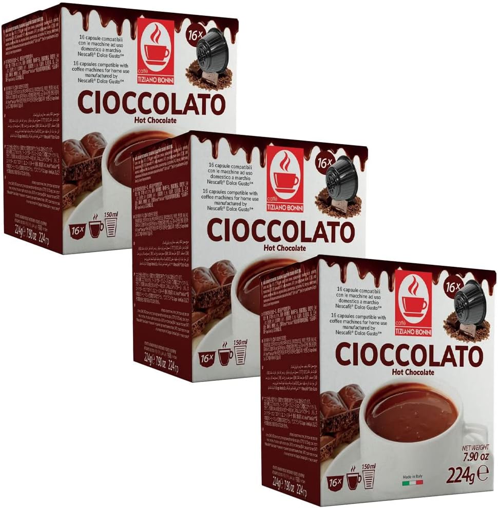 Bonini Hot Chocolate Pods, Dolce Gusto Compatible Coffee Pods/Capsules. 3 Pack Coffee Pods, Each Pack 16 Pods (Total 48 pods)