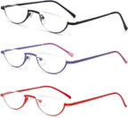 MMOWW 3 Pack Half Frame Reading Glasses for Women Men Slim Half Moon Lens Readers Semi Rimless Metal Frame Spring Hinges