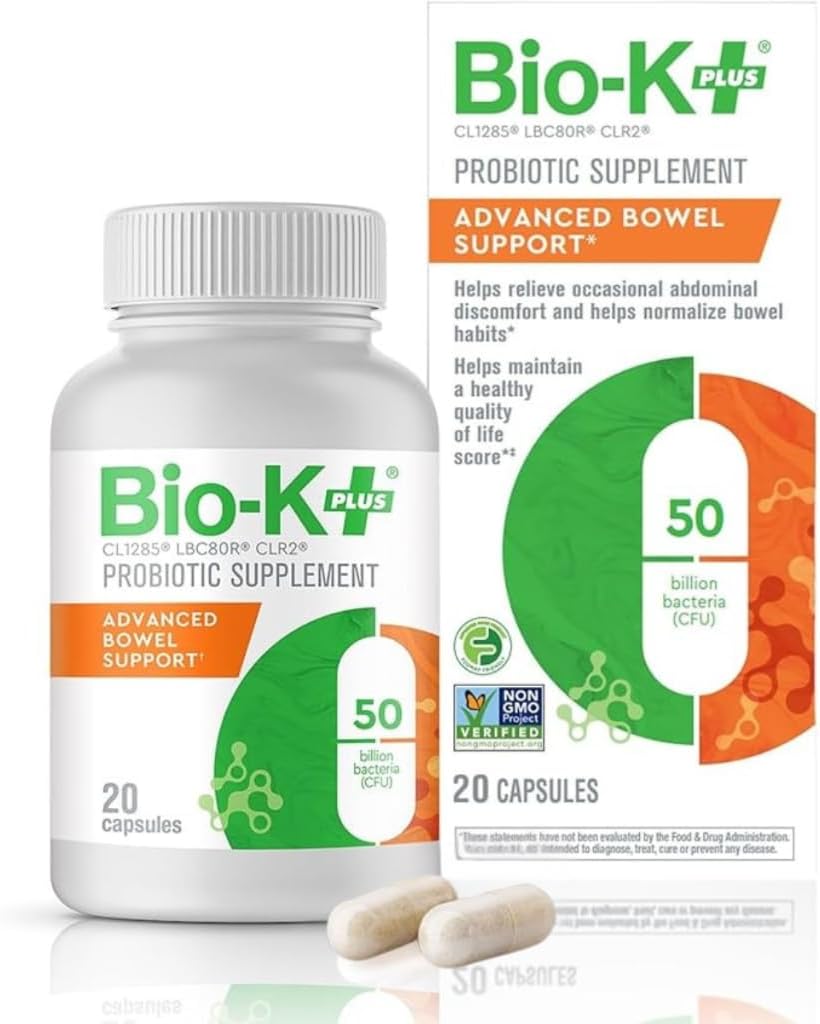 Bio-K+ Probiotic Advanced Bowel Support – 50 Billion CFU – Vegan, Gluten-Free, Non-GMO – Supports Digestive Health & Regularity – for Men & Women – 20 Probiotic Capsules