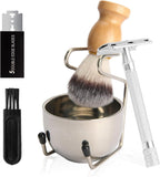 Badger Hair Shaving Brush with Wood Handle,Double Edge Safety Razor,Stainless Steel Shaving Stand and 3 Layers Shaving Bowl Perfect for Men Gift