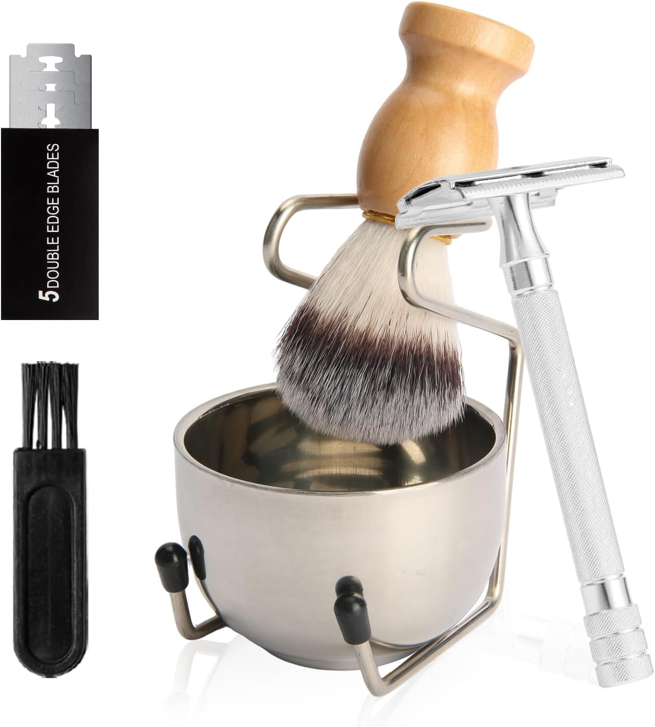 Badger Hair Shaving Brush with Wood Handle,Double Edge Safety Razor,Stainless Steel Shaving Stand and 3 Layers Shaving Bowl Perfect for Men Gift