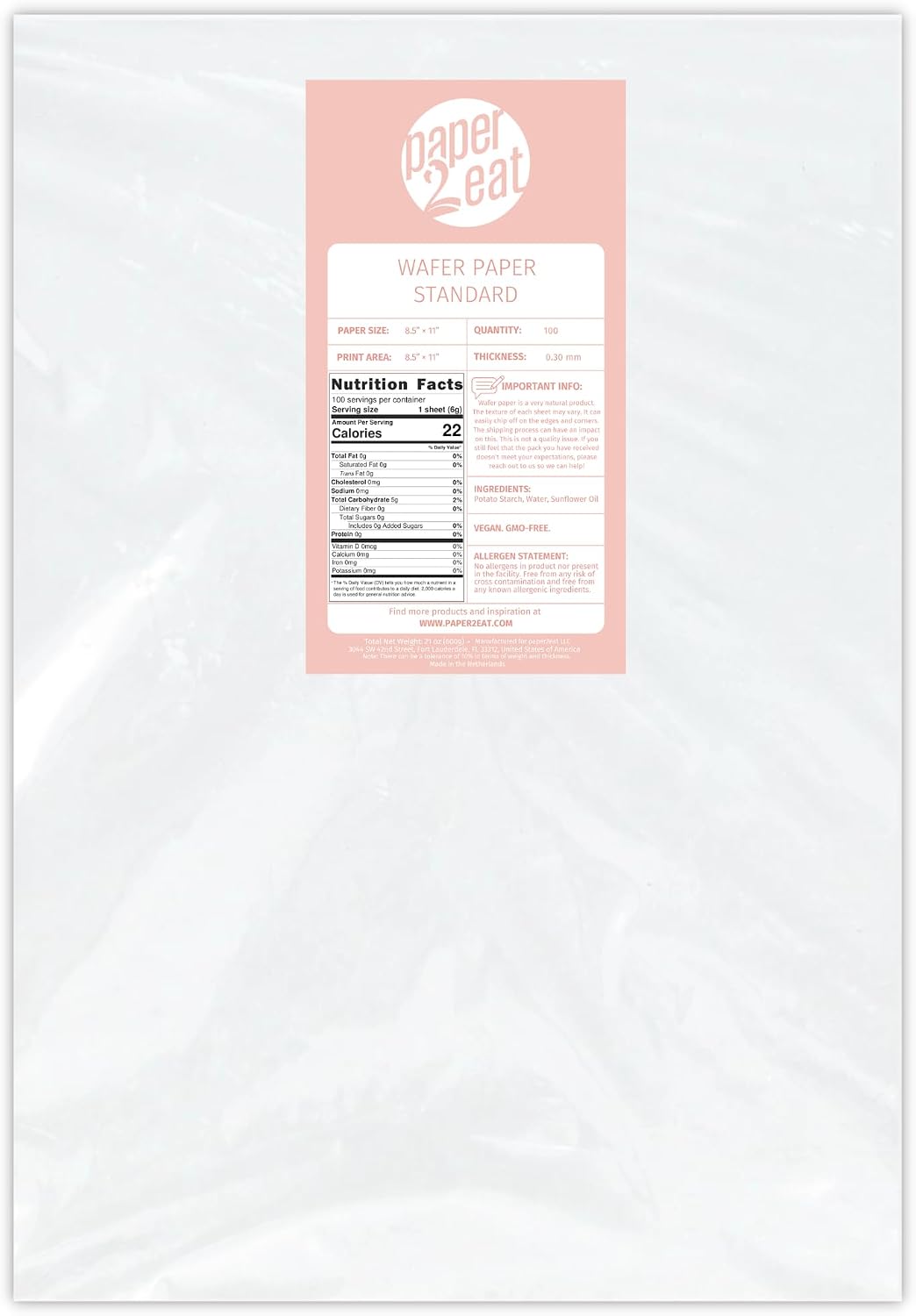 paper2eat edible Wafer Paper Sheets Standard 8.5" x 11" - 0.30 mm - 100 count