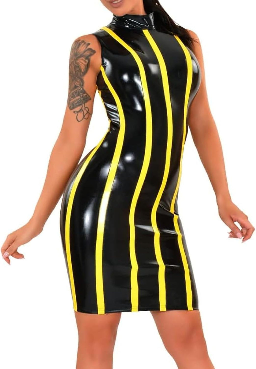 Yellow and Black Trims Sexy Sleeveless Latex Dresses Zipper at Back Rubber,Black-Yellow,Small