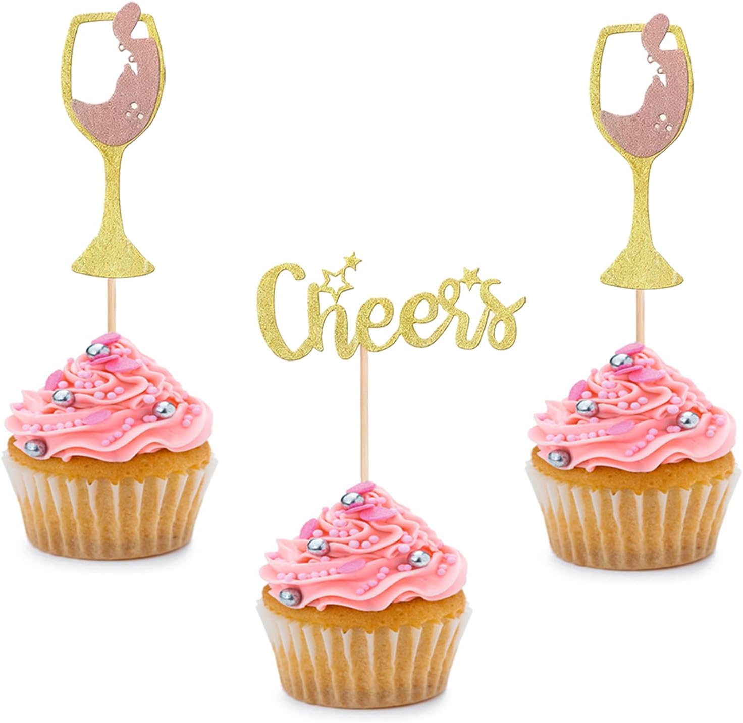 24 PCS Gold Glitter Cheers Wine Glass Cupcake Toppers for Birthday Party Engagement Bridal Wedding Baby Shower Anniversary Party Cake Dessert Decorations Supplies Picks