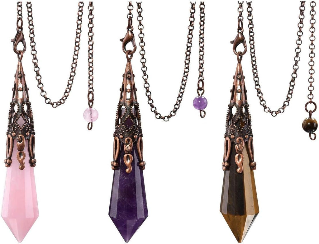 Jovivi 3pcs Natural Amethyst Rose Quartz Crystal 12 Facted Therapy Healing Dowsing Divination Pendulum Reiki Charged Chakra Balancing Pendant with Chain