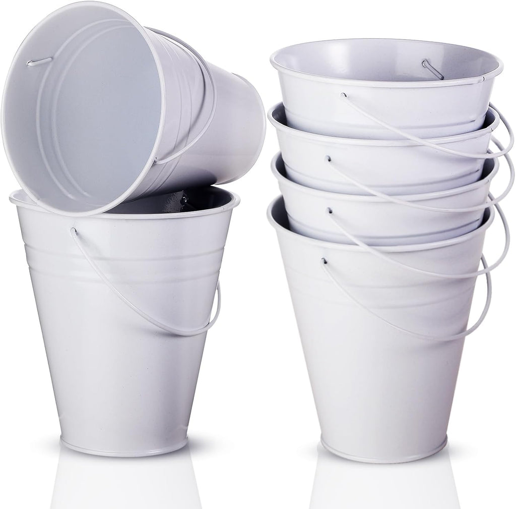 Sadnyy 6 Pack White Small Metal Galvanized Bucket with Handle 5" White Mini Metal Buckets and Pails Graduation Party Container Table Centerpiece for Candy Vase