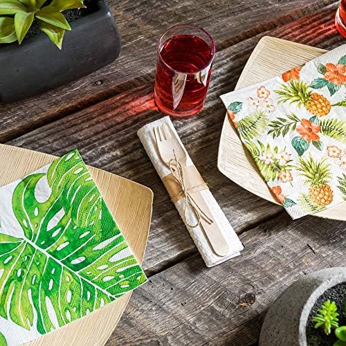 13 Inch Paper Luncheon Napkins, 20 Tropical Leaves Design Printed Napkins - 3-Ply, Textured Edges, White Paper Decorated Napkins, Soft And Strong, For Parties Or Catering Events - Restaurantware