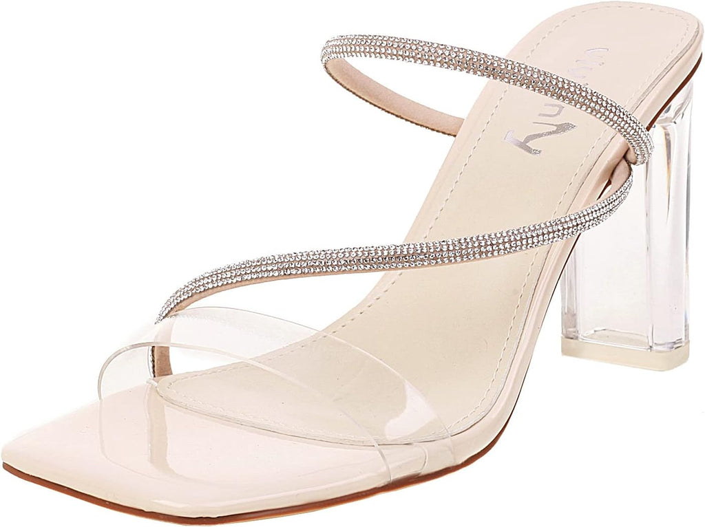 vivianly Womens Square Toe Clear Rhinestone Strappy Heeled Sandals Transparent Block High Heels Slides Slipper Wedding Dress