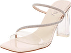 vivianly Womens Square Toe Clear Rhinestone Strappy Heeled Sandals Transparent Block High Heels Slides Slipper Wedding Dress