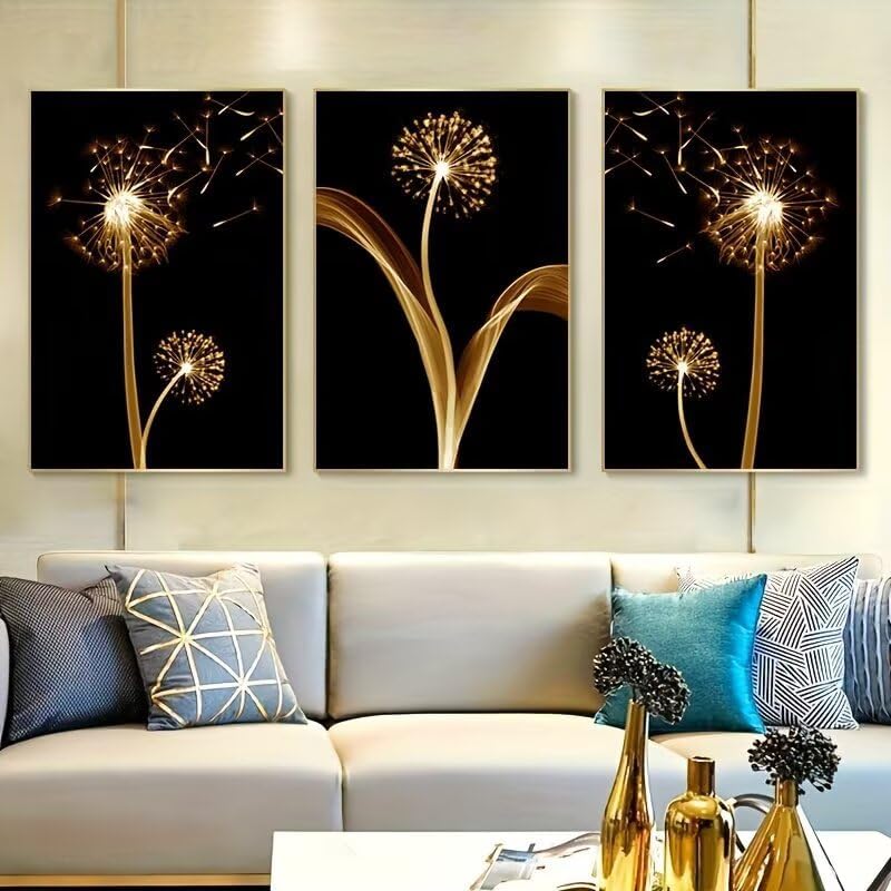 3 Pcs Golden Dandelion Art 8x12inch Wall Art for Modern Home, Office, Living Room, Bedroom Decor,Unframed Canvas Poster Wall Art