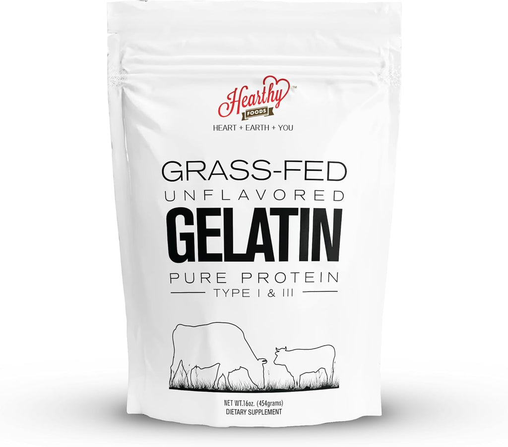 Hearthy Foods Beef Gelatin Powder Unflavored Gelatin Powder for Women and Men | Keto and Paleo Friendly Pure Protein Type 1 & 3, Grass-Fed Halal Certified, Non-GMO, Kosher Gelatin | 16 oz. 454g