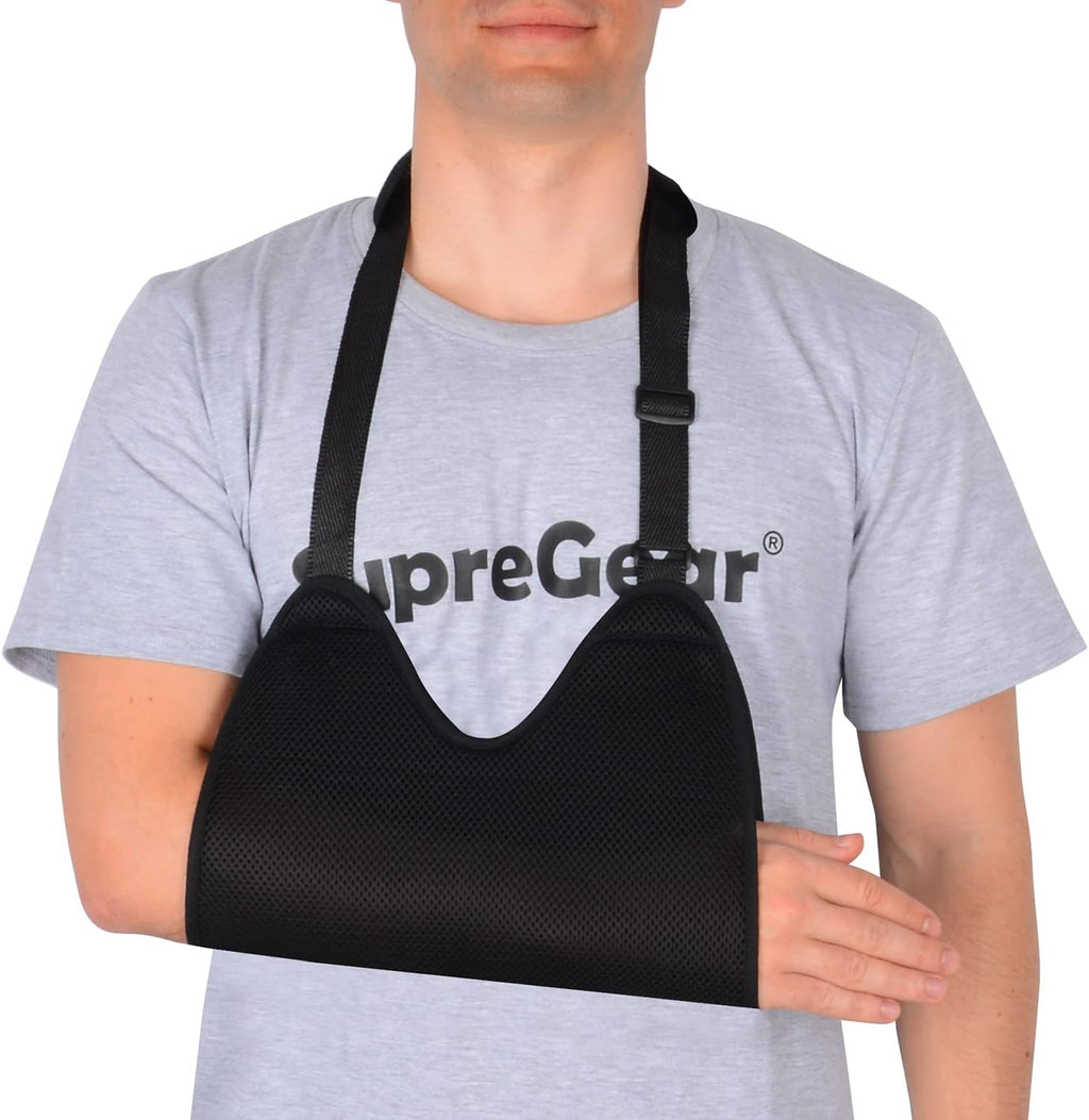 supregear Mesh Arm Sling with Soft Shoulder Cushions, Adjustable Breathable Shoulder Immobilizer Shower Arm Sling Lightweight Medical Shoulder Elbow Support for Women Men, Fits Left/Right Arm, Black