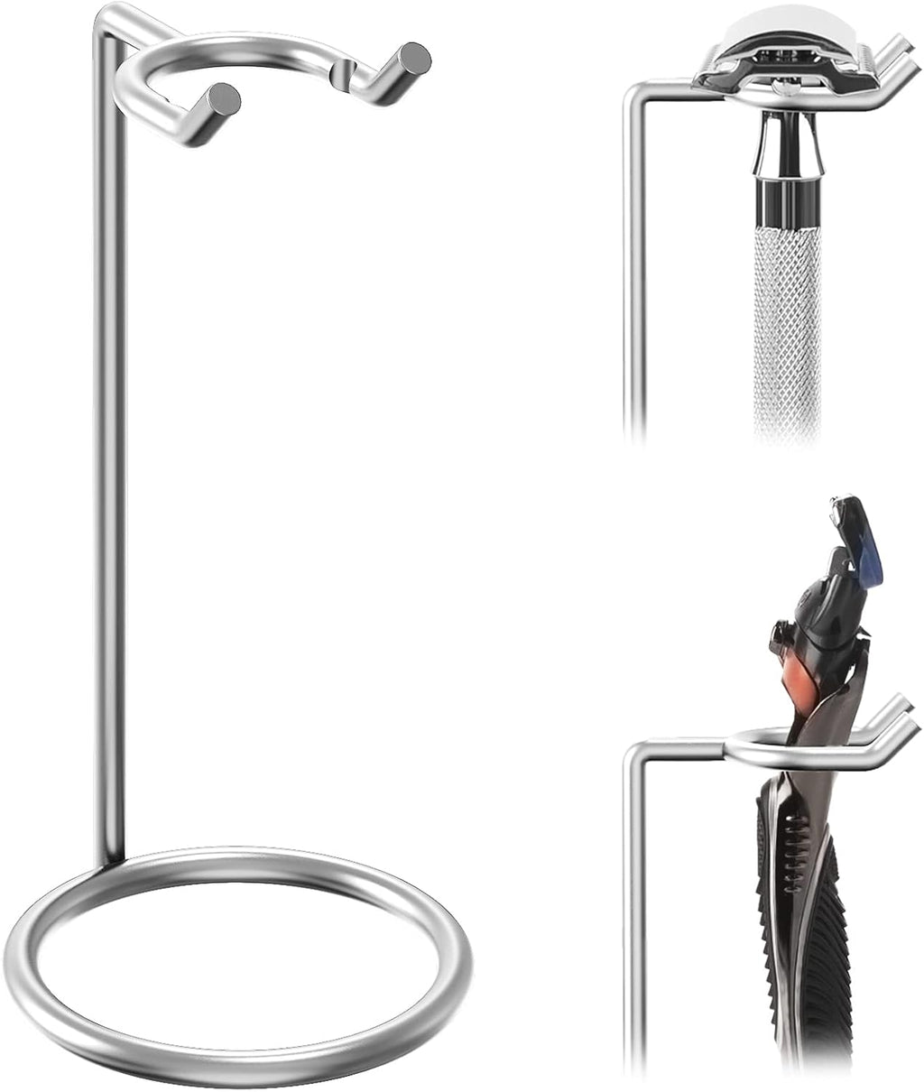 Linkidea Stainless Steel Razor Stand, Deluxe Men's Travel Shaver Holder, Shaving Support Compatible with Long Handle Safety Razor, Fusion 5, ProShield, NFL Series (Silver/Polished Chrome)