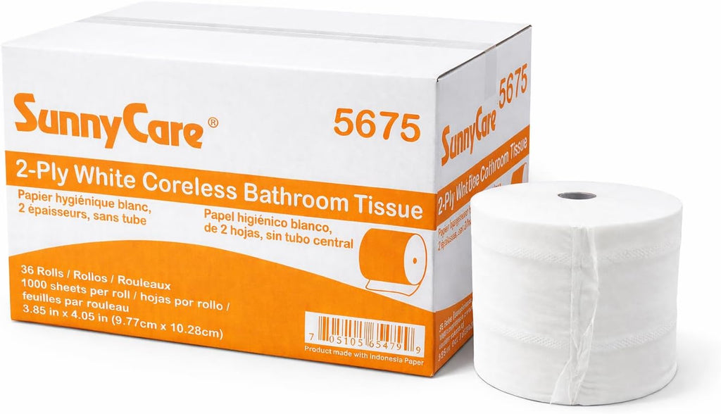 SunnyCare #5675 Two-ply White Coreless Bathroom Tissue 3.85in W x 4.05in L ; 36 Rolls/case