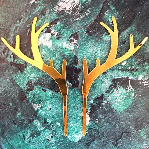 Christmas Reindeer Cake Topper, Gold Antlers Cake Toppers Festival Cake Decorations Xmas Cupcake Dessert Table Topper for Wedding, Christmas Party Supplies-gold