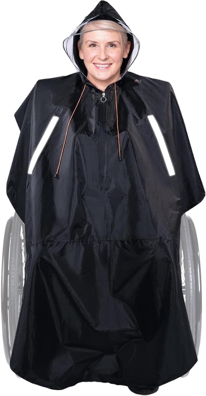 300D Wheelchair Poncho Rain Cape Cover for Adults with Semi-Transparent Hood and Waterproof Zipper