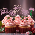 30Pcs Happy Mother's Day Cupcake Toppers Glitter Mom Love Heart Cupcake Picks Best Mom Carnation Flower Cake Decorations for Happy Mother's Day Women Birthday Theme Party Supplies Pink