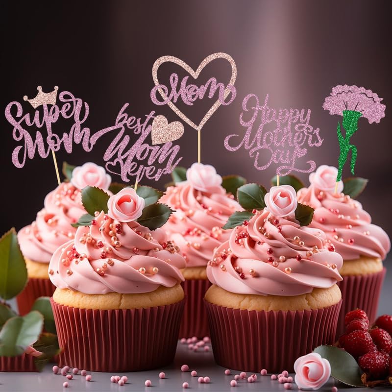 30Pcs Happy Mother's Day Cupcake Toppers Glitter Mom Love Heart Cupcake Picks Best Mom Carnation Flower Cake Decorations for Happy Mother's Day Women Birthday Theme Party Supplies Pink