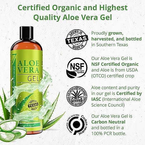 Seven Minerals Organic Aloe Vera Gel from freshly cut 100% Pure Aloe - Big 12oz - HighestQuality, Texas grown, Vegan, Unscented - For Face, Skin, Hair, Sunburn relief