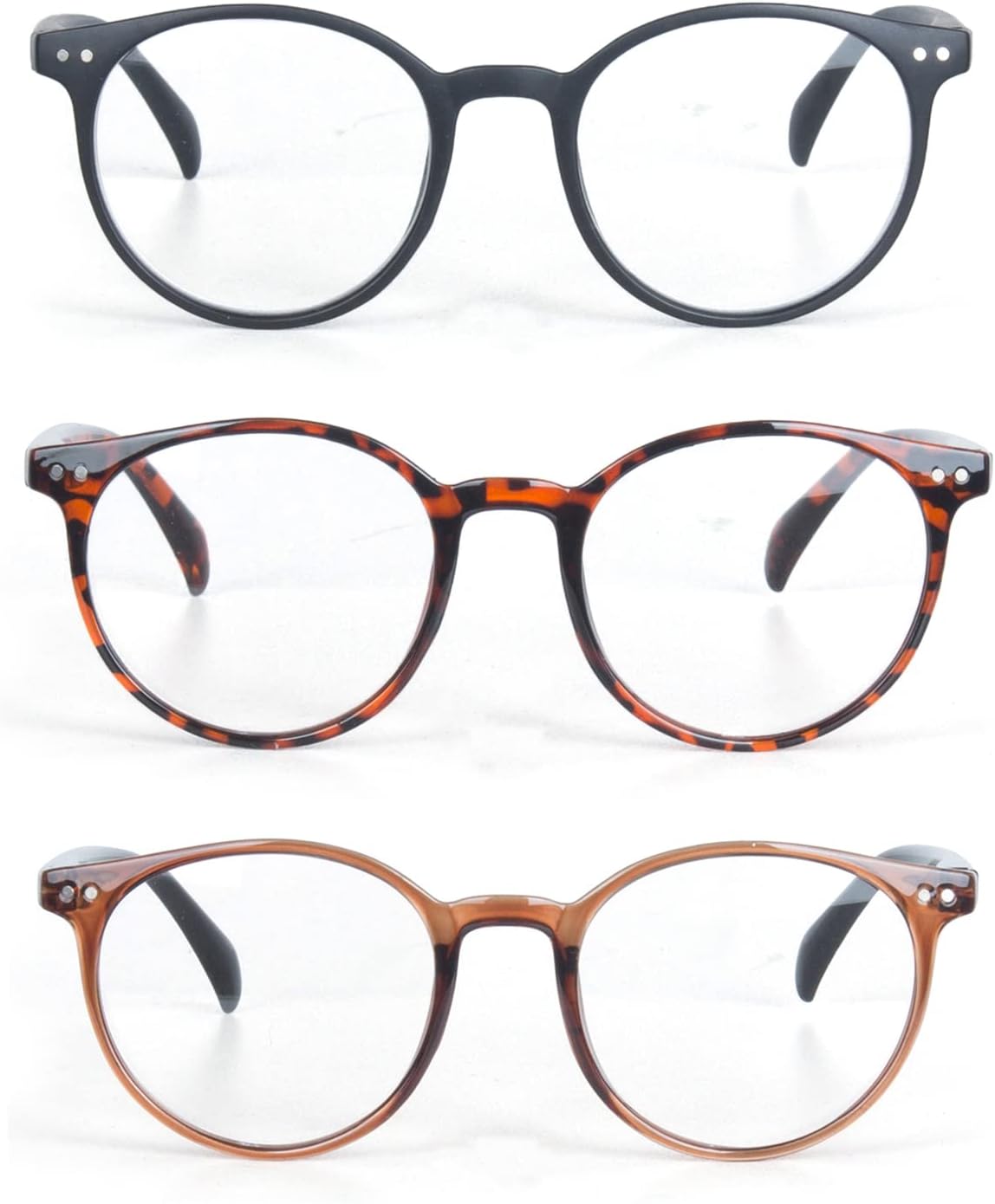 3 Pack Retro Round Plastic Frame Reading Glasses for Men and Women, Multi Color