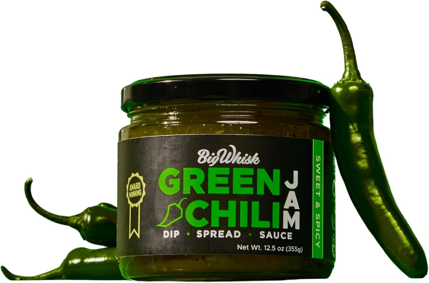 Big Whisk Green Chili Jam – Sweet and Spicy Spread, Perfect for Marinades, Glazes, Dips, and Appetizers – 12.5oz Jar – Gluten-Free & Vegan