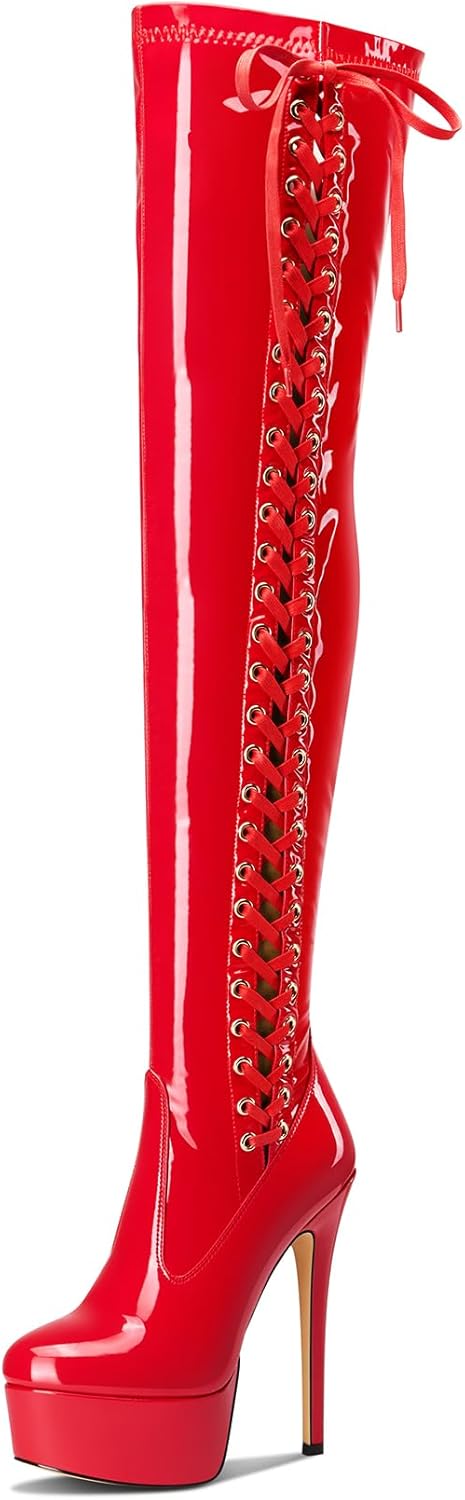 Aachcol Womens Over The Knee Platform Stiletto Lace-up Boots Patent Leather Thigh High Zipper High Heel Party Dress Boots 5.9 Inches Heels