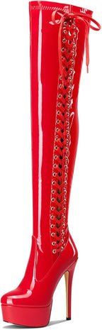 Aachcol Womens Over The Knee Platform Stiletto Lace-up Boots Patent Leather Thigh High Zipper High Heel Party Dress Boots 5.9 Inches Heels