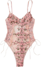 Lilosy Women Sexy Lace Up Floral Embroidered Teddy Babydoll Lingerie Bodysuit Top Mesh Sheer One Piece See Through Pink X-Large